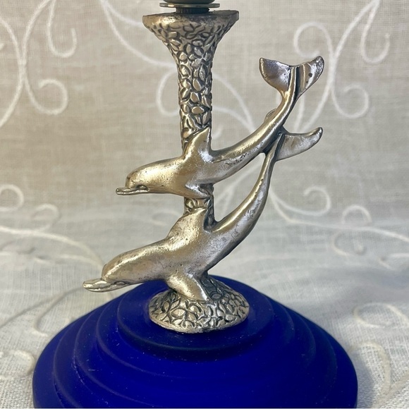 Vintage Dual Ocean Dolphin Tealight Holder Cobalt Blue MCM Glass Base - Picture 7 of 8